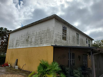 dirty vinyl siding before soft wash cleaning in Spring Hill Florida